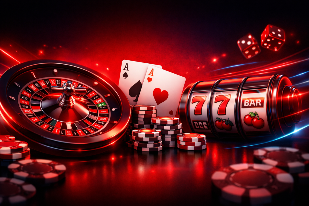 Premium online casino banner with roulette, poker chips, playing cards and slot machine in red neon style